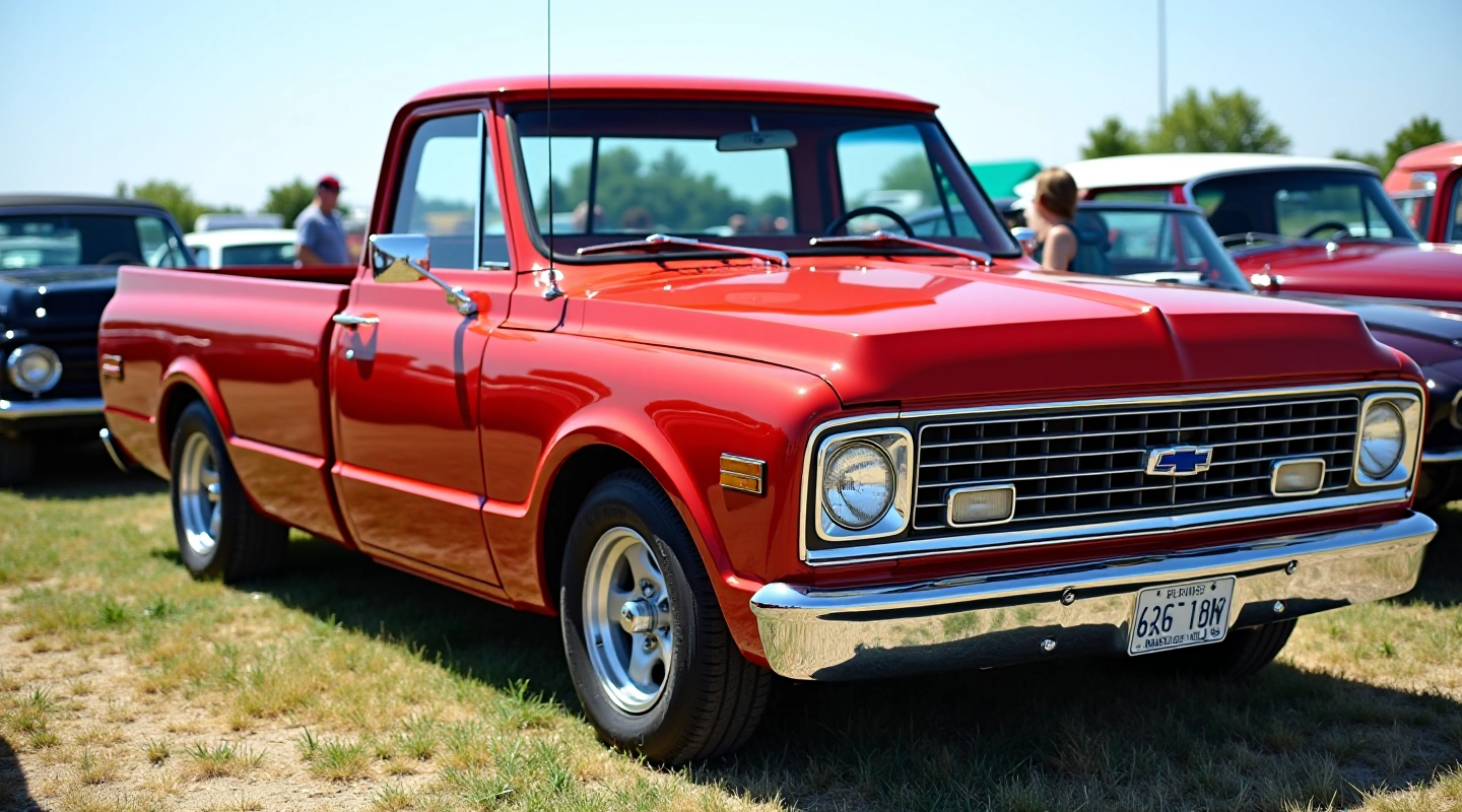 Vintage pickup truck parked at outdoor show with chrome details gleaming in sunlight