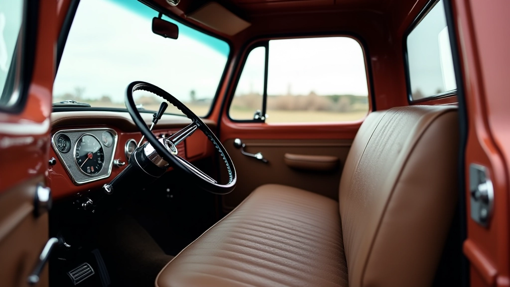 Classic truck interior with restored steering wheel, dashboard and bench seat in good condition