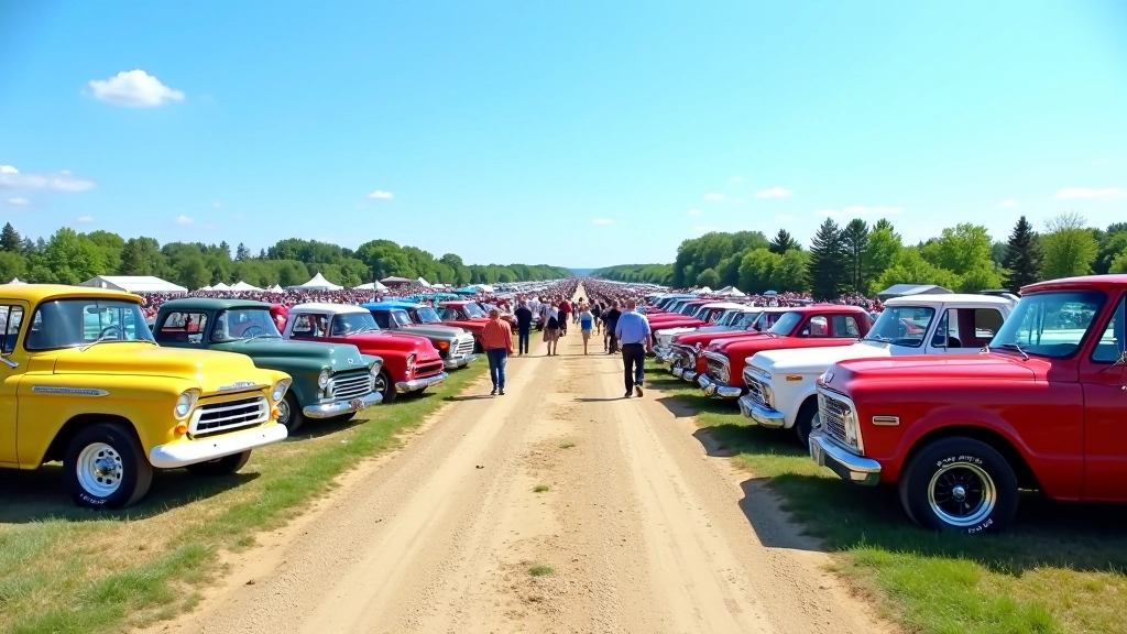 Group of classic trucks displayed at outdoor fair with show banners and spectators walking between vehicles