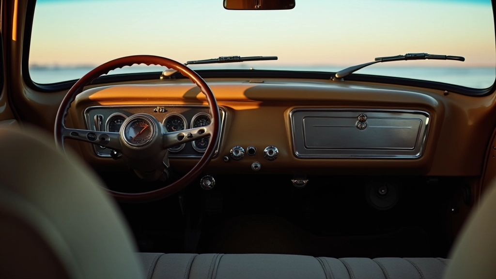 Close-up detail of restored truck's interior dashboard showing vintage steering wheel and gauges