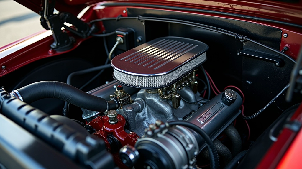 Clean organized engine bay of classic pickup truck with polished engine block and hoses