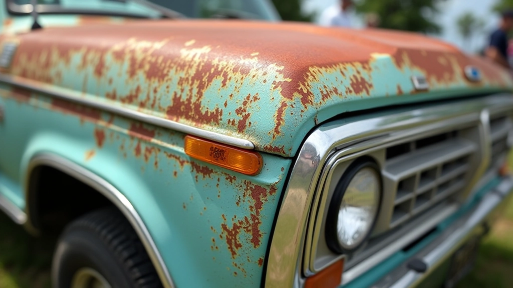 Close-up of classic truck original paint with weathering and fading showing age and patina