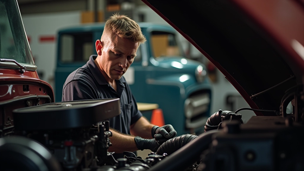 Mechanic working on engine block of classic truck in restoration workshop