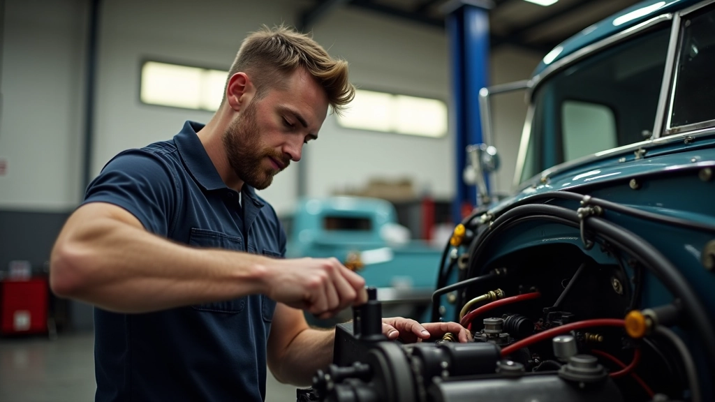 Experienced mechanic examining engine details of restored classic pickup truck in well-lit workshop with tools visible