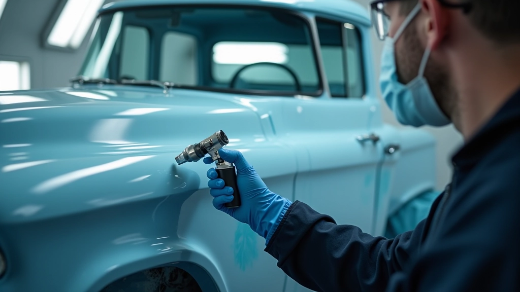 Modern high-tech spray booth with professional painter applying modern automotive finish to classic truck panel