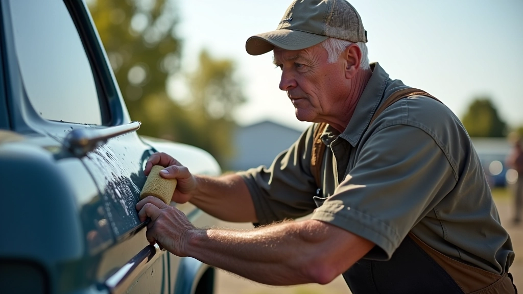 Person carefully washing classic truck with soft brushes and microfiber cloth