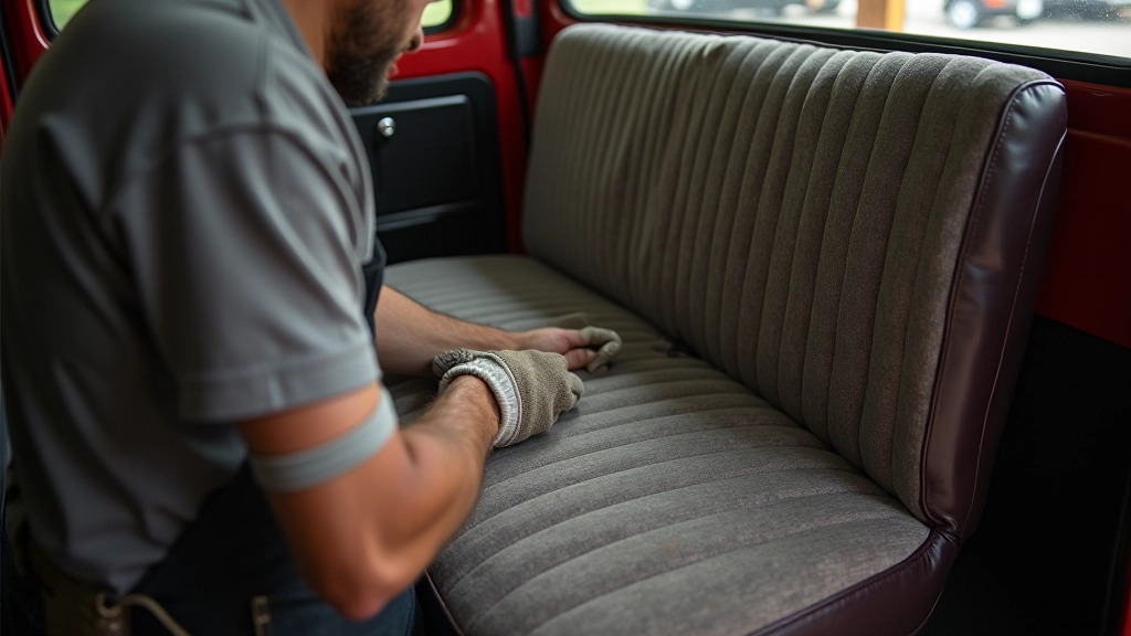 Classic truck seat being carefully reupholstered with period-correct fabric on professional upholstery frame