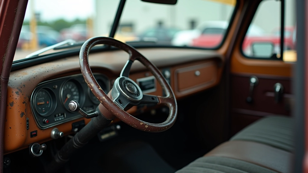Close-up of weathered classic truck dashboard with original steering wheel and vintage instruments ready for restoration