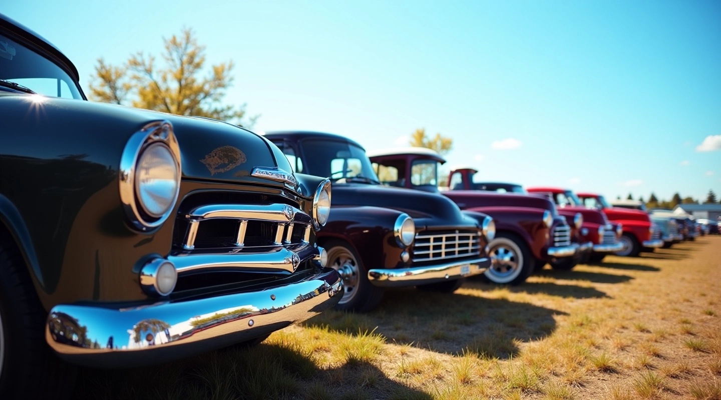 Classic pickup trucks lined up at outdoor show event with vintage chrome details and restored paint finishes