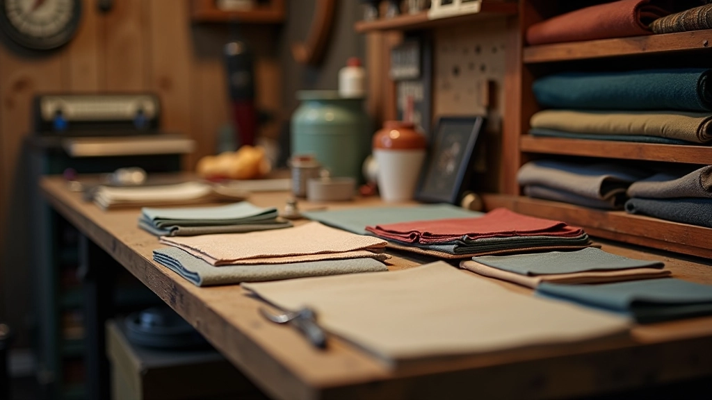 Classic truck interior upholstery samples and restoration materials spread on workbench with reference photos and color swatches